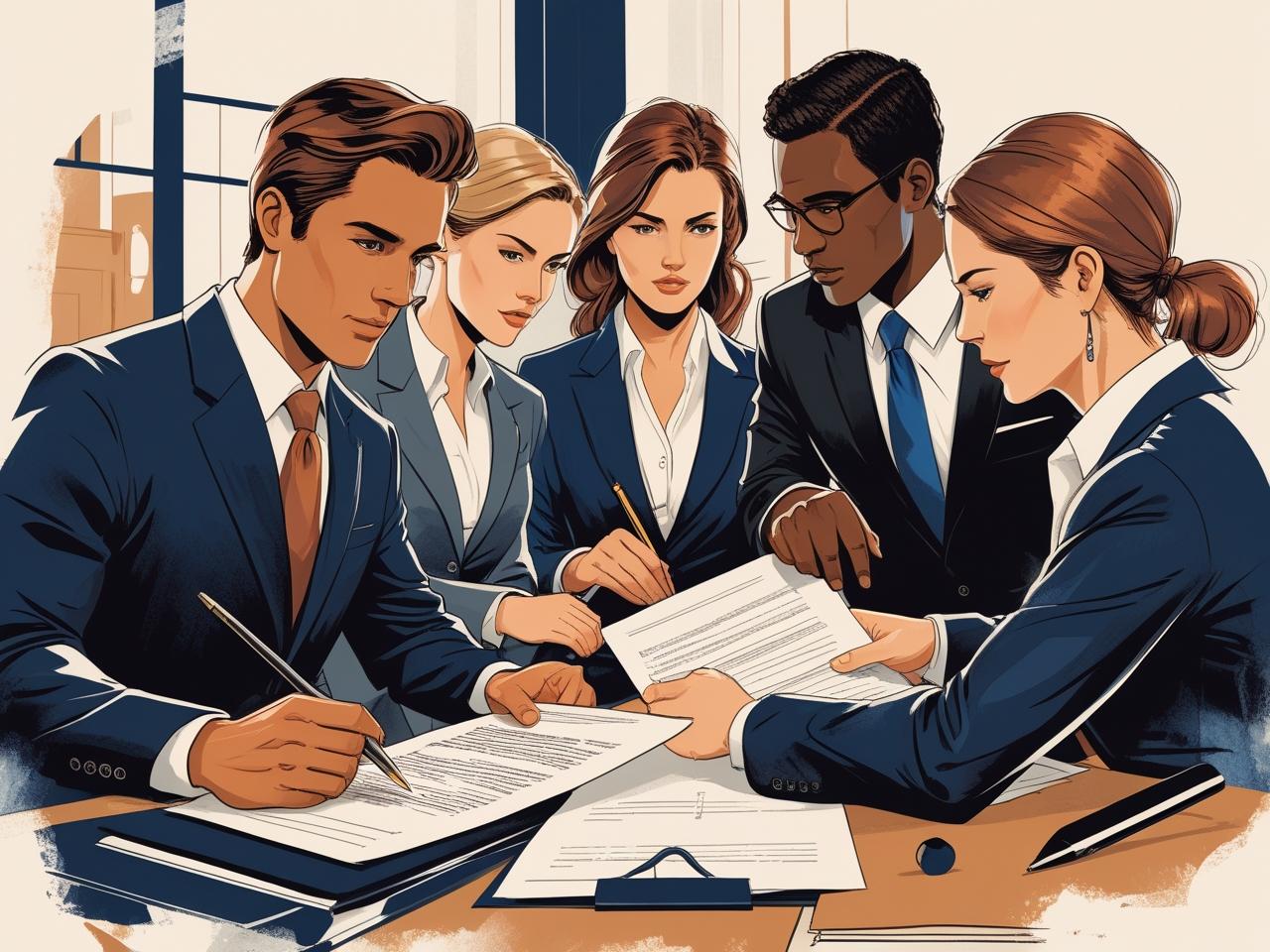 Group of lawyers in formal business attire reviewing legal documents during a team meeting at a law firm.